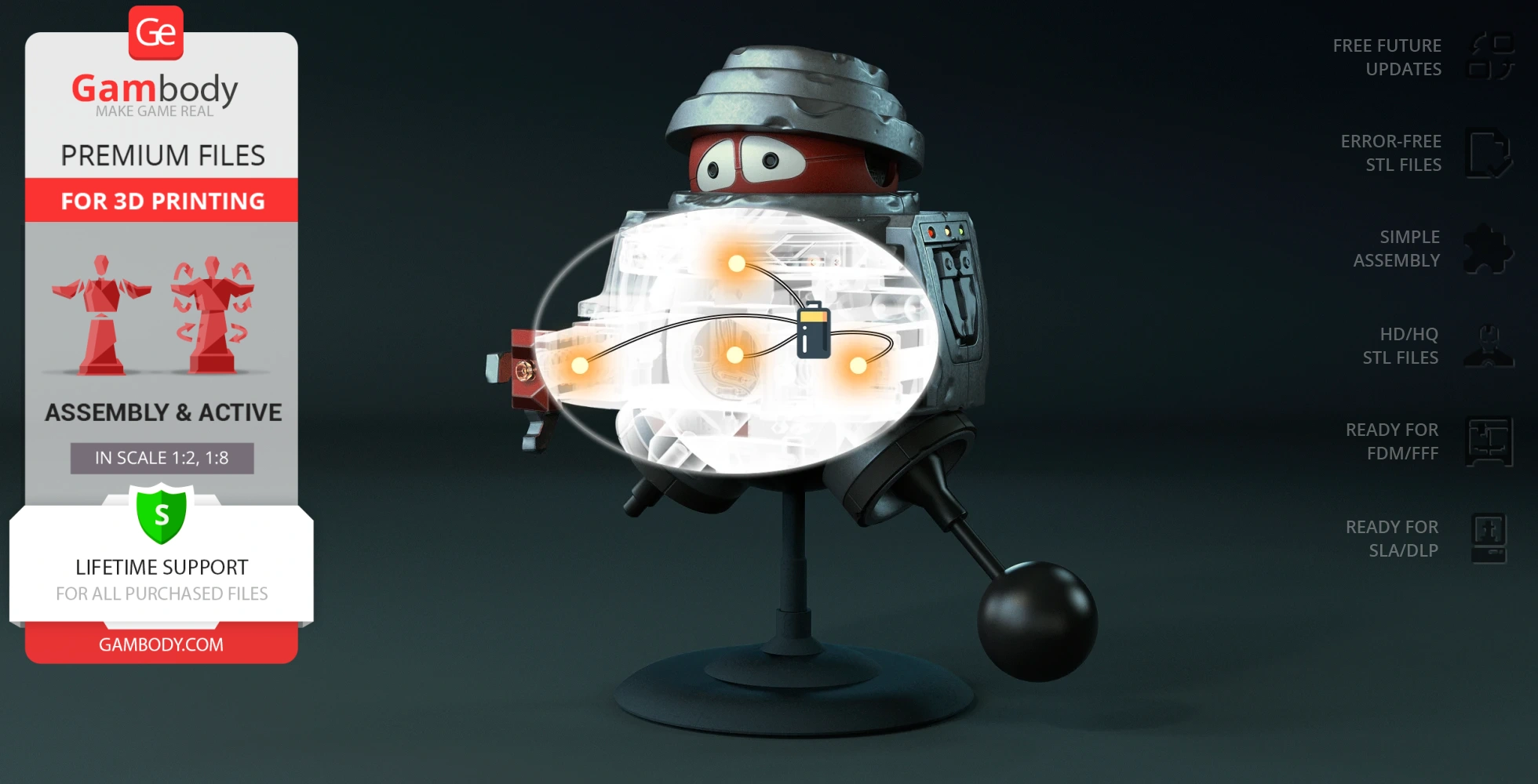 Retro sci-fi robot model with dome head, cartoonish eyes, and mechanical arms on a display stand.