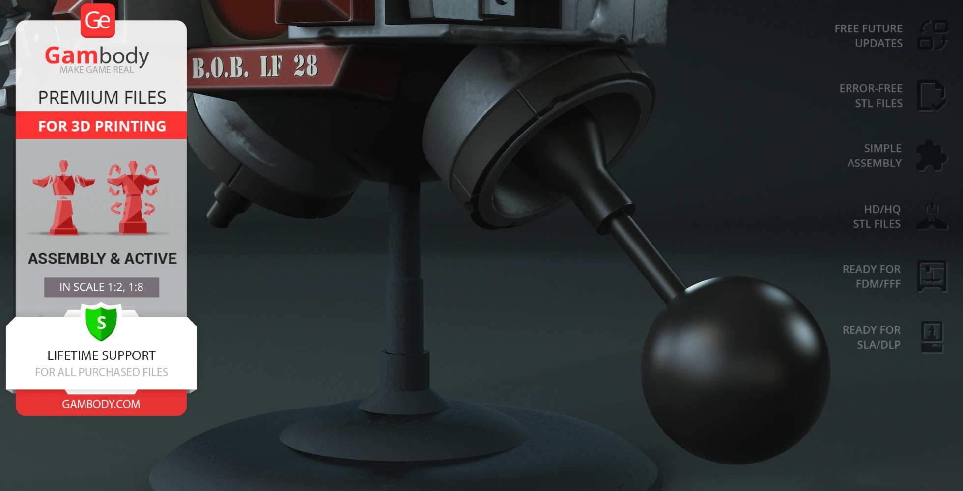 Close-up of a sci-fi 3D model with spherical parts and assembly instructions from Gambody.