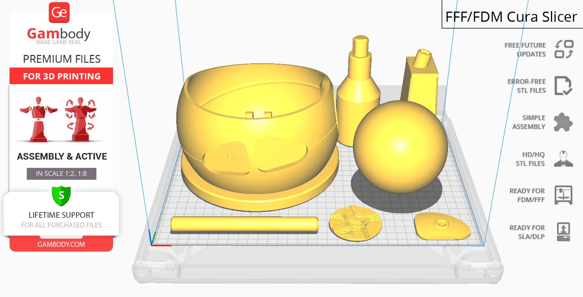 3D printing model components for a robot, including a spherical body and cylindrical parts, on a print bed.