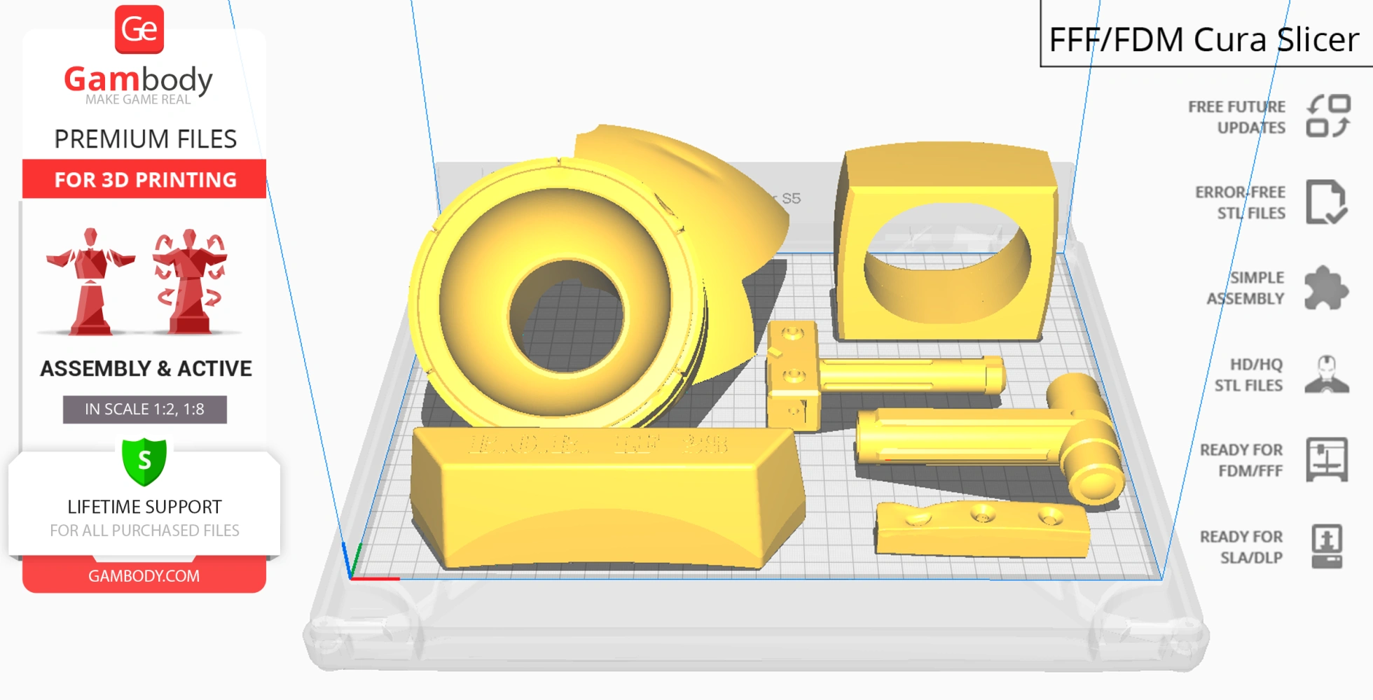 Robot parts for 3D printing, displayed in a Cura slicer, titled 'Old B.O.B.' from Gambody.