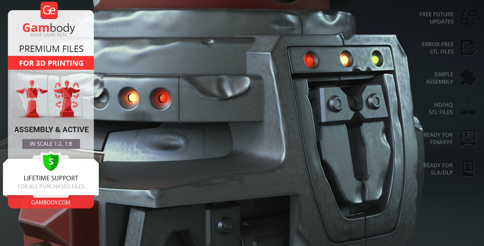 Close-up of a detailed metallic robot part with various colored lights, suitable for 3D printing.