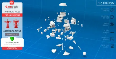 Exploded view of a 3D printed sci-fi model with various parts on a blue grid background.