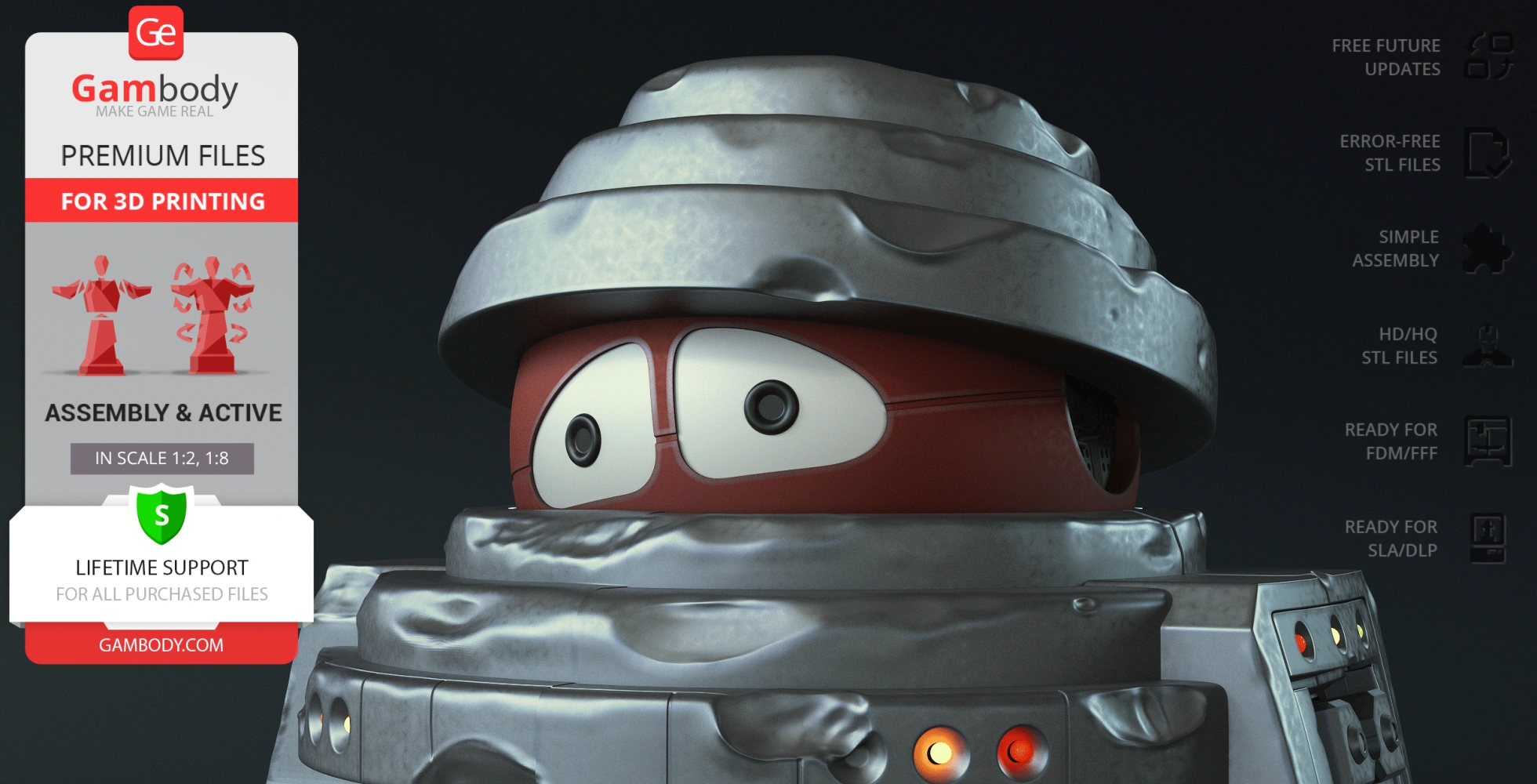 A robotic character with large eyes and layered metal armor, ready for 3D printing from Gambody.