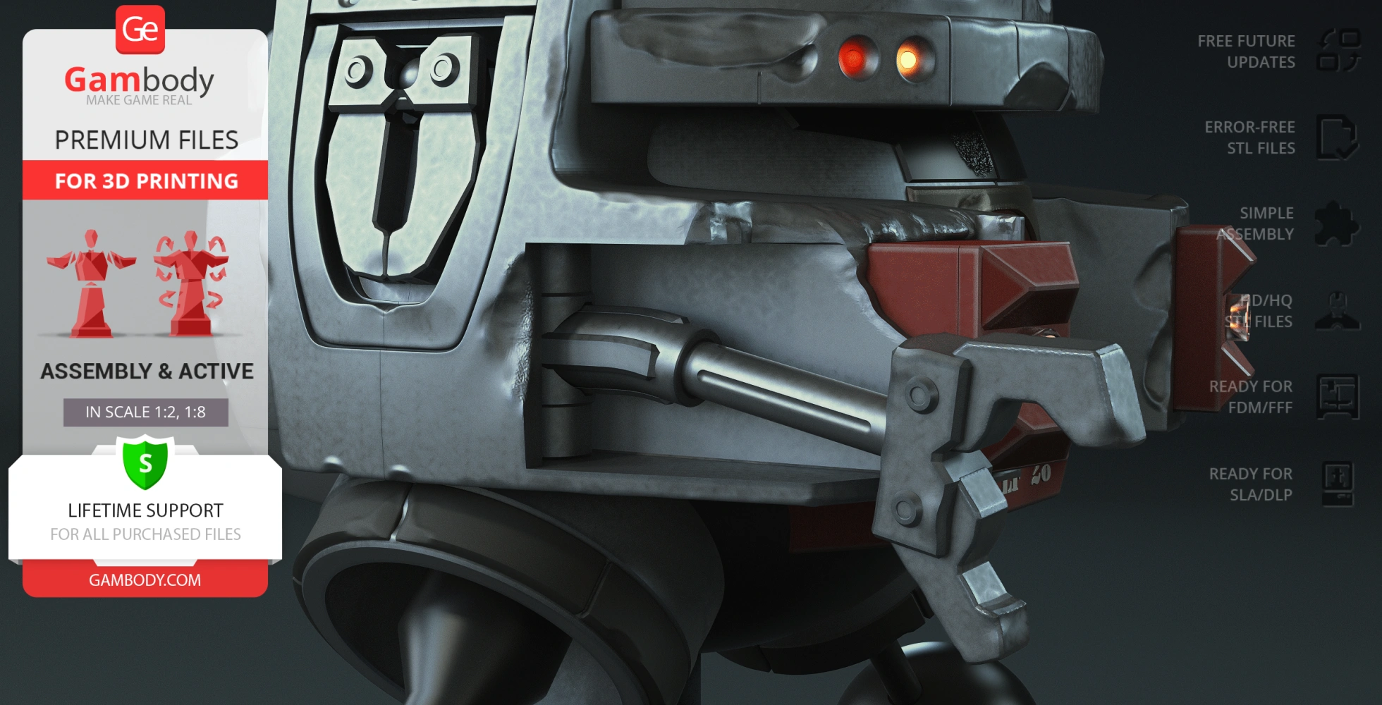 Close-up of a detailed sci-fi robot model, featuring metallic parts and intricate design elements.