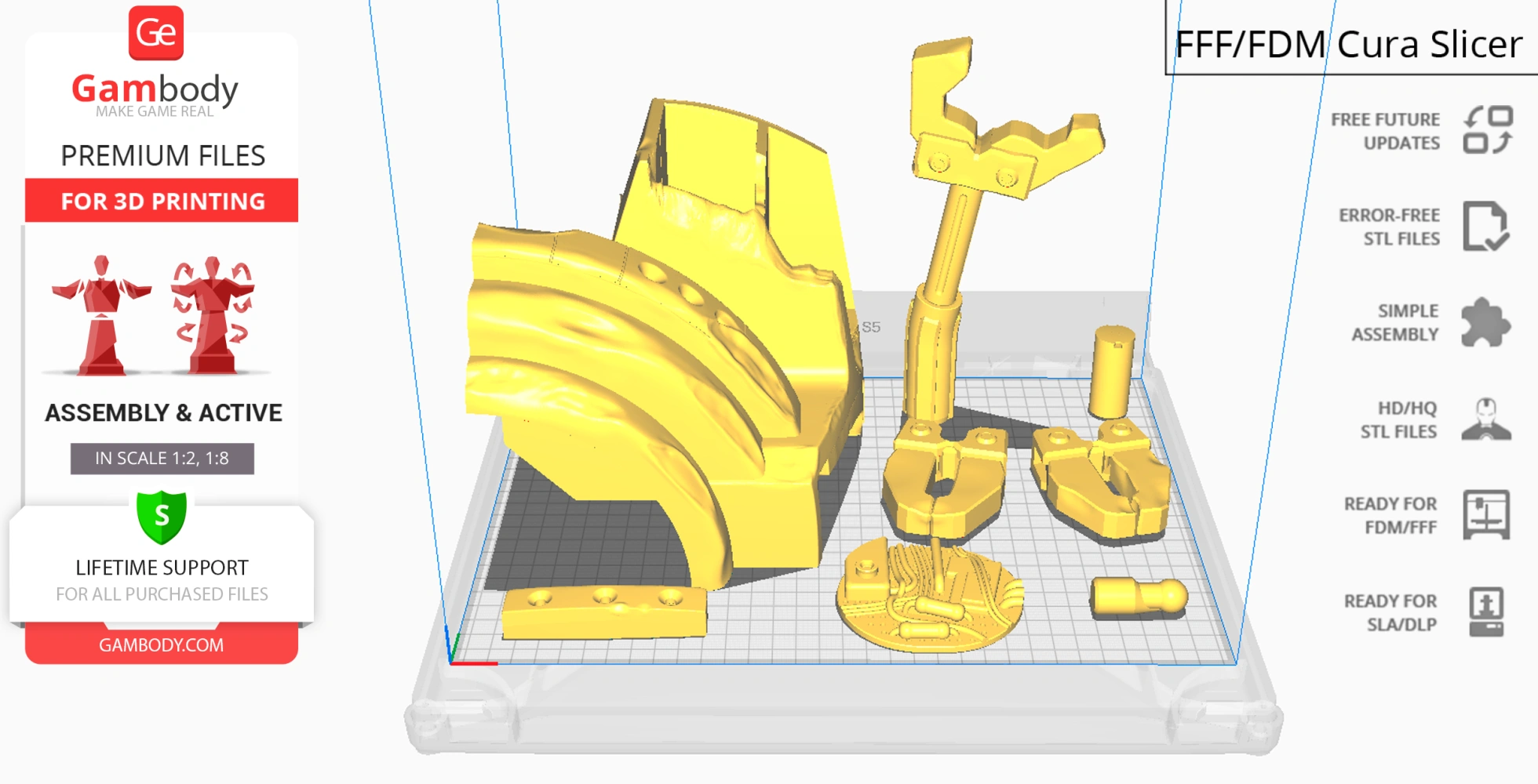 Disassembled yellow 3D model parts of a sci-fi figure, ready for printing in Cura Slicer.