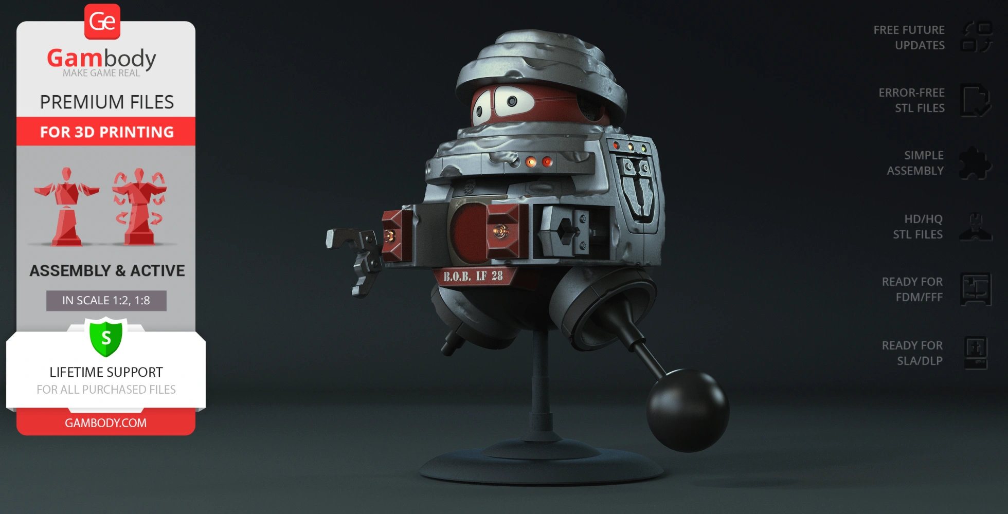A spherical sci-fi robot model with arms extended and a detailed metallic exterior on a display stand.