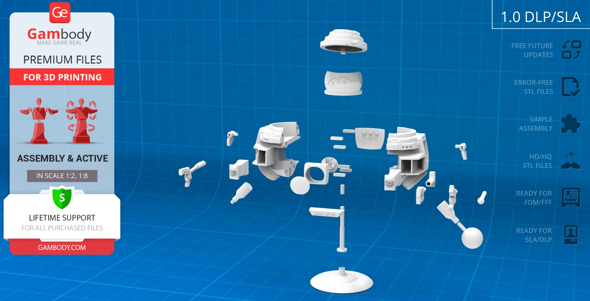 Exploded view of Old B.O.B. 3D model parts for assembly and 3D printing, displayed on a blue grid background.