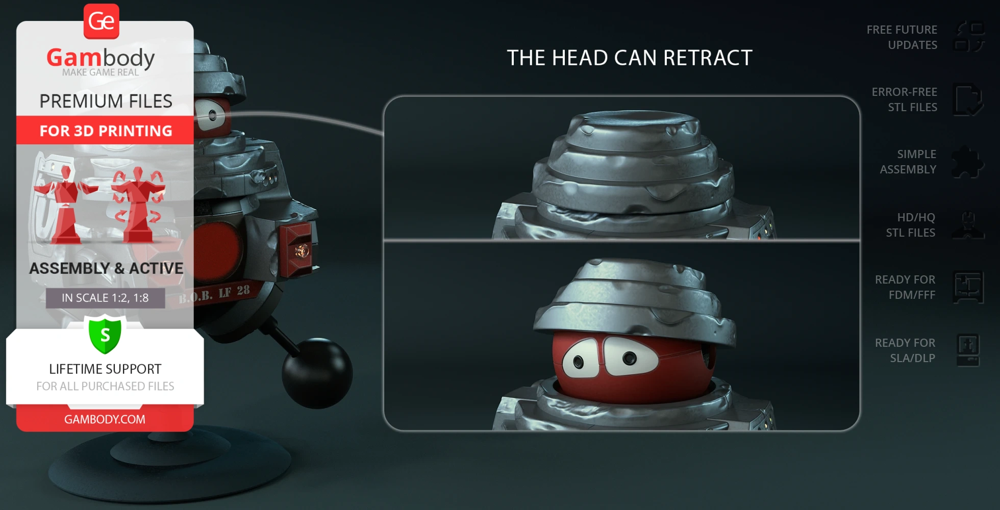 Retro sci-fi robot with a retractable head, featuring a rounded design and expressive eyes.