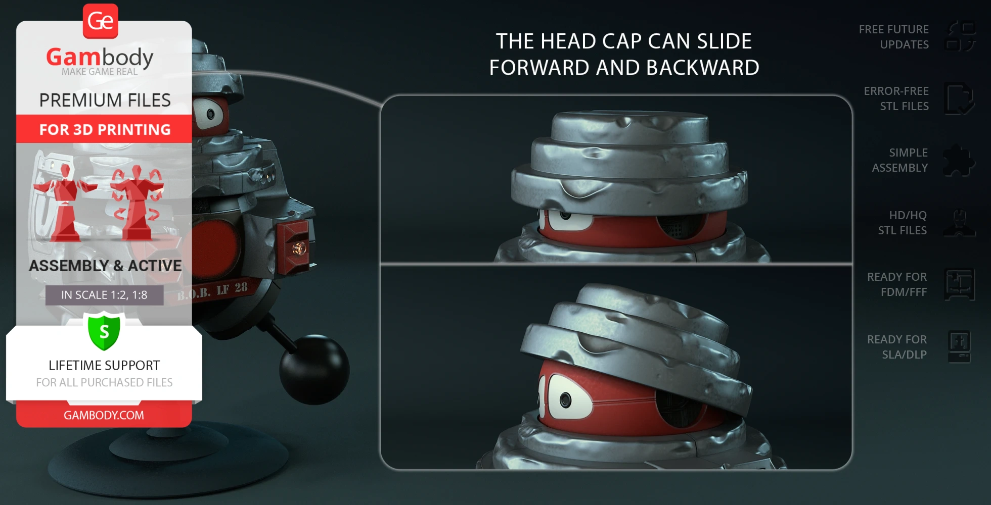 Retro robot model with a dome-shaped head, rotating body, and detailed mechanical features for 3D printing.