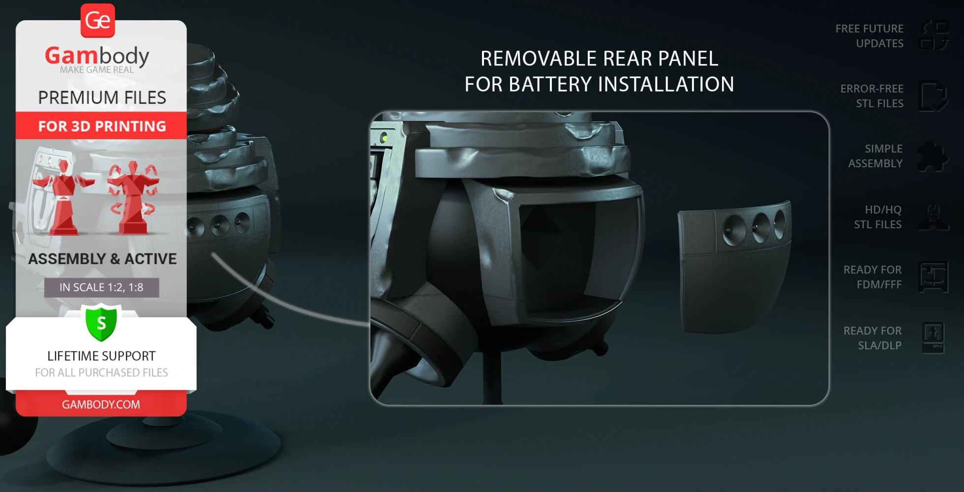 A 3D model of a sci-fi robot with a removable rear panel for battery installation.