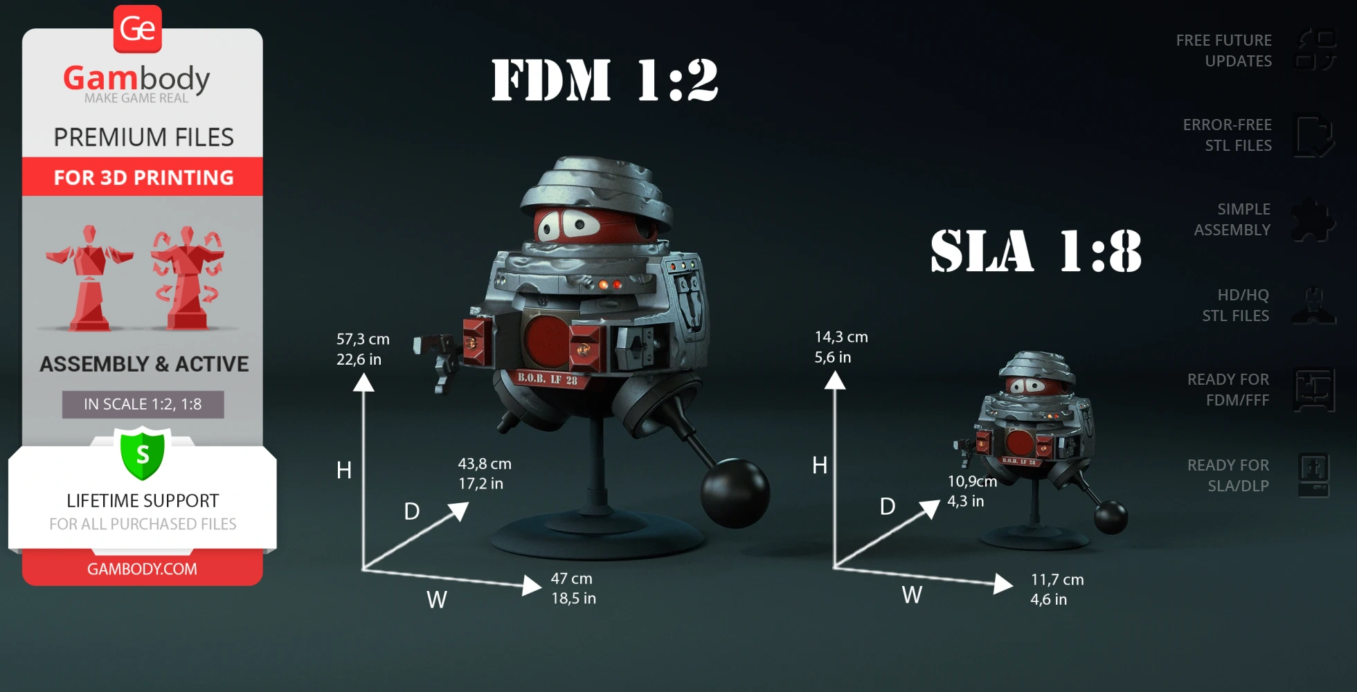 Retro-styled robot with round eyes and a helmet-like top, 3D printed in two sizes displayed on stands.