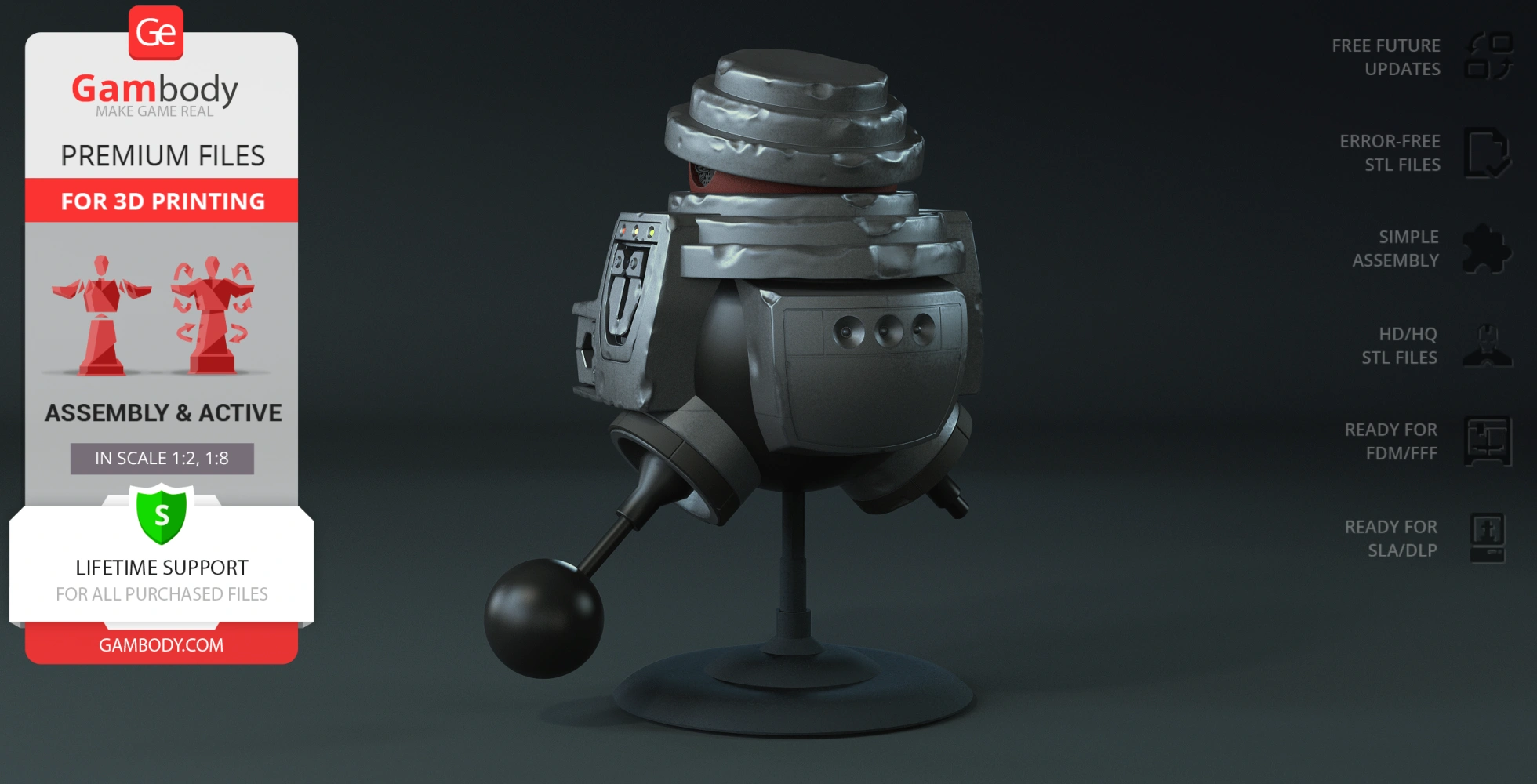 Retro robot figure with a spherical base, layered head, and mechanical arms on a stand.