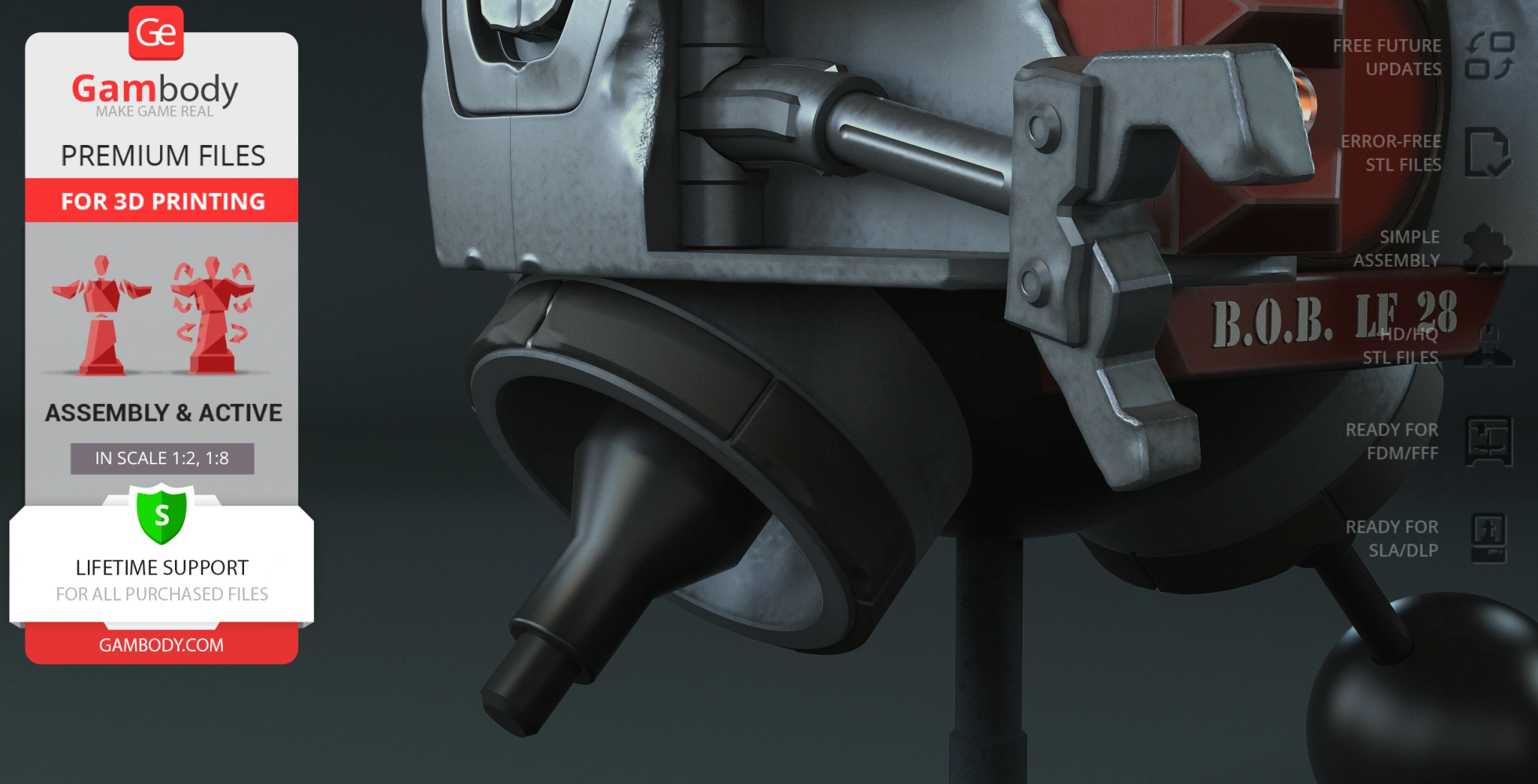 Close-up of detailed mechanical components from a 3D model, with assembly instructions for printing.