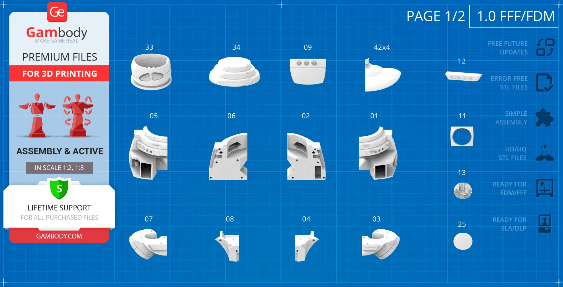 3D printed parts layout for assembling a sci-fi model on a blue grid background.