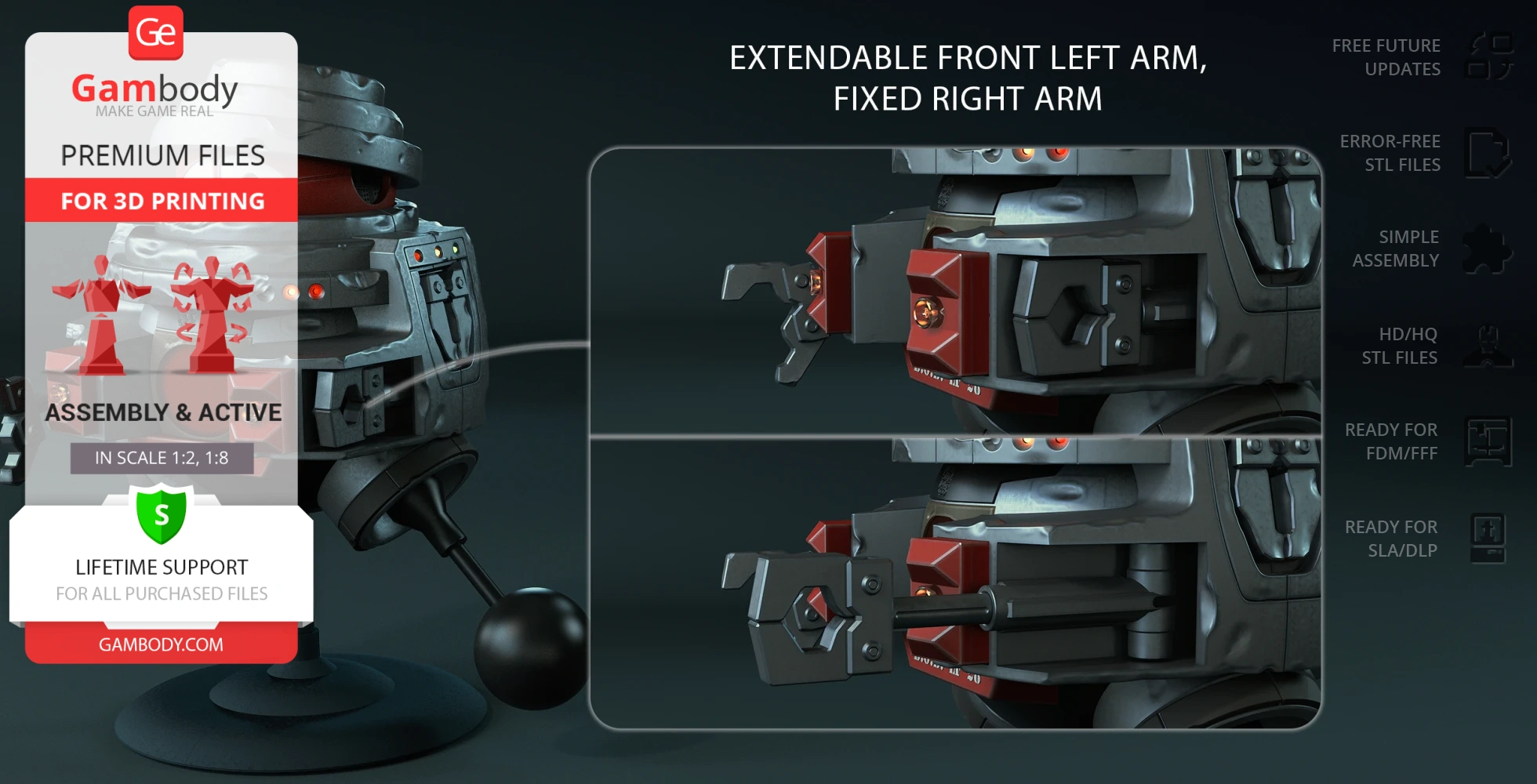A 3D model of a sci-fi robot with extendable left arm and fixed right arm, ready for 3D printing.