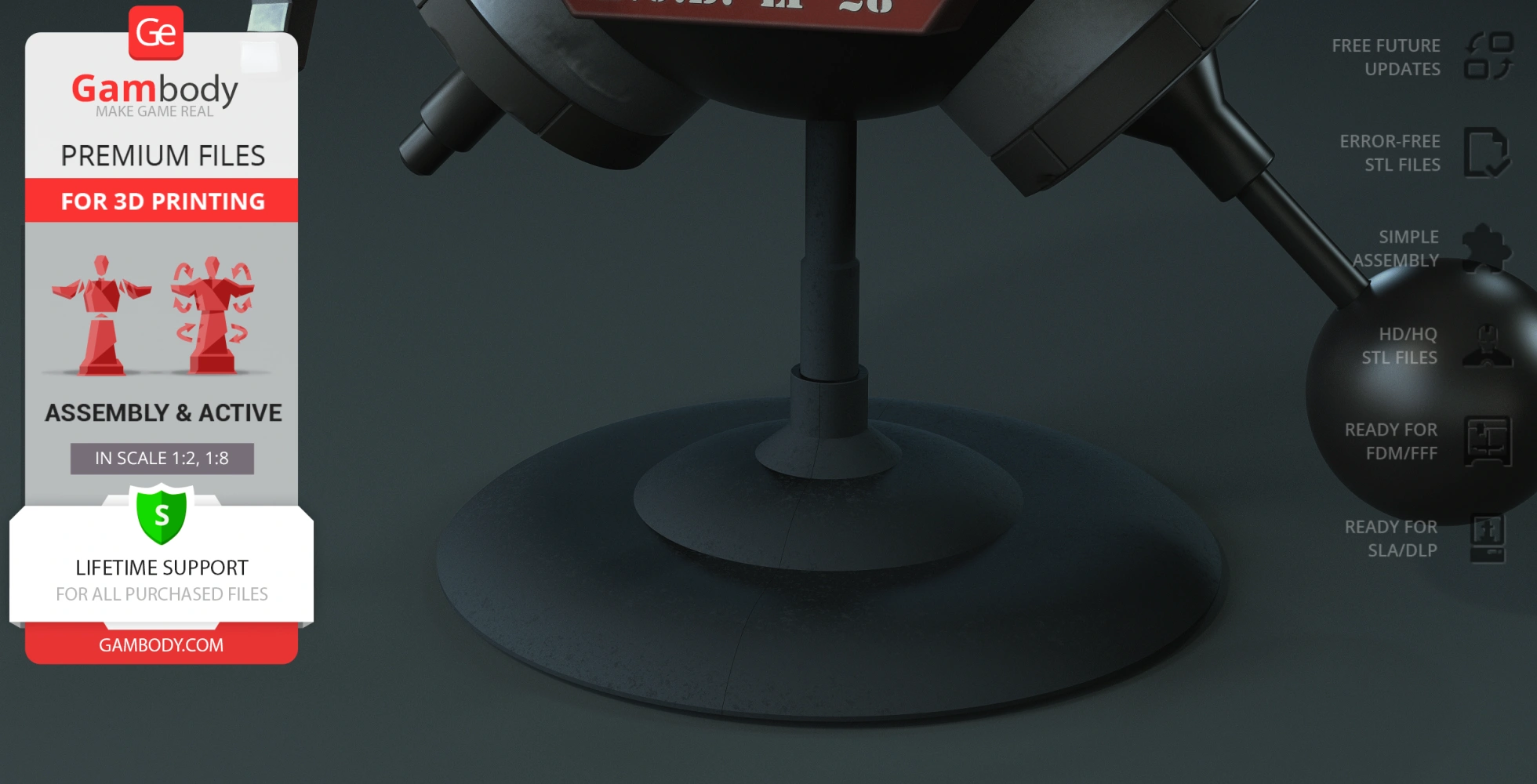 A portion of a sci-fi robot model on a stand, with Gambody 3D printing details visible.