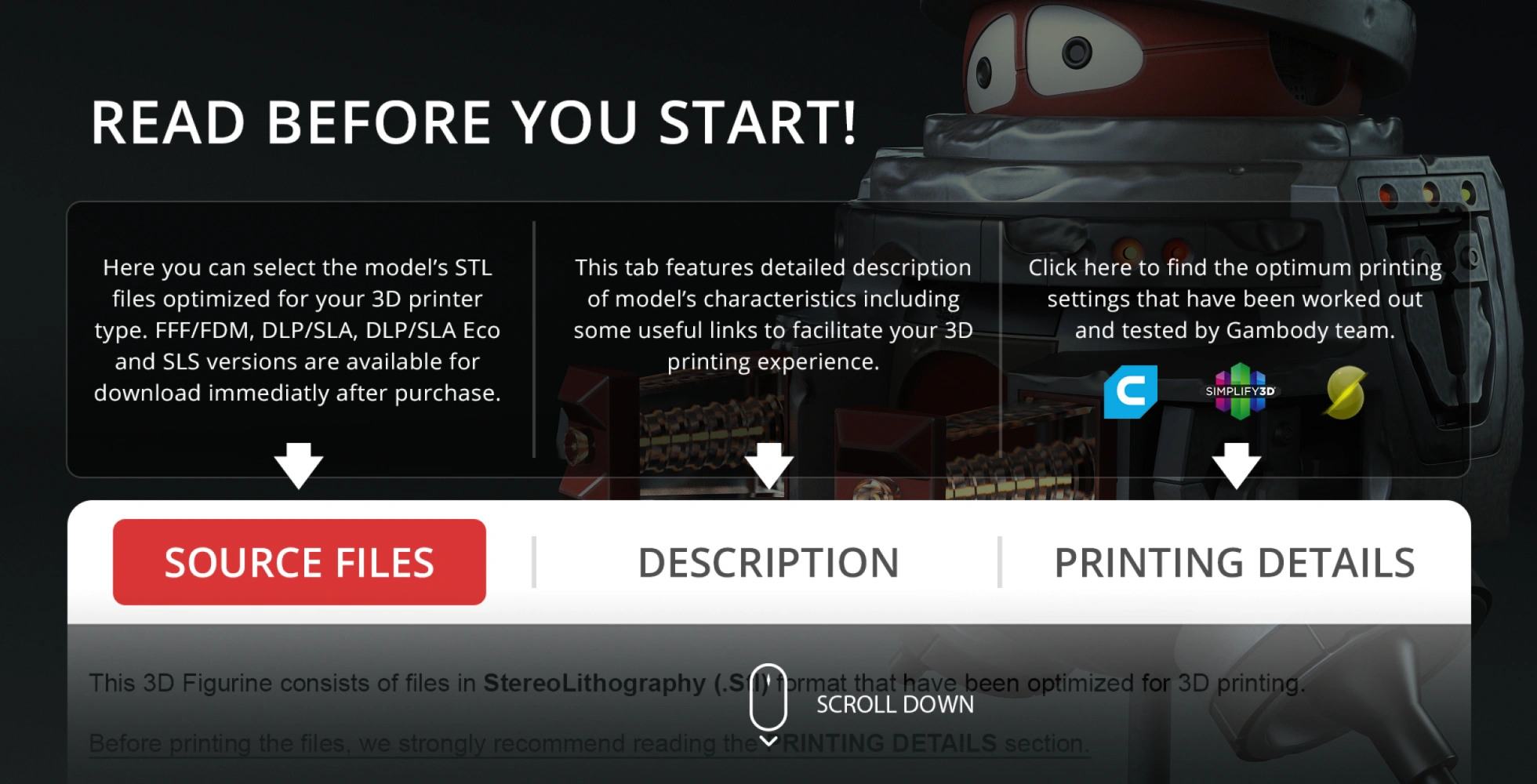 A 3D model preview screen showing a robot with large eyes, technical tabs, and printing instructions.