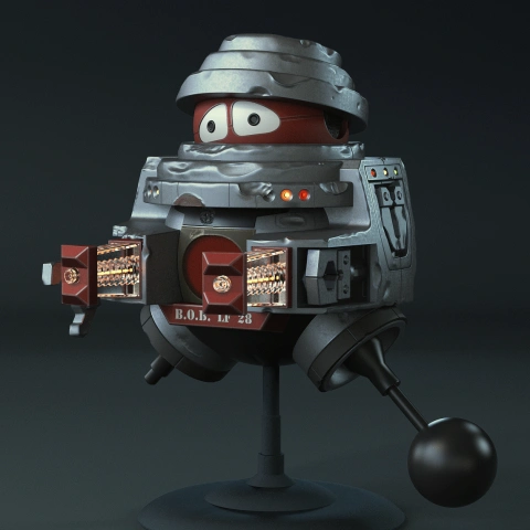Retro-styled robot with red spherical center, metallic layered head, and extendable mechanical arms.