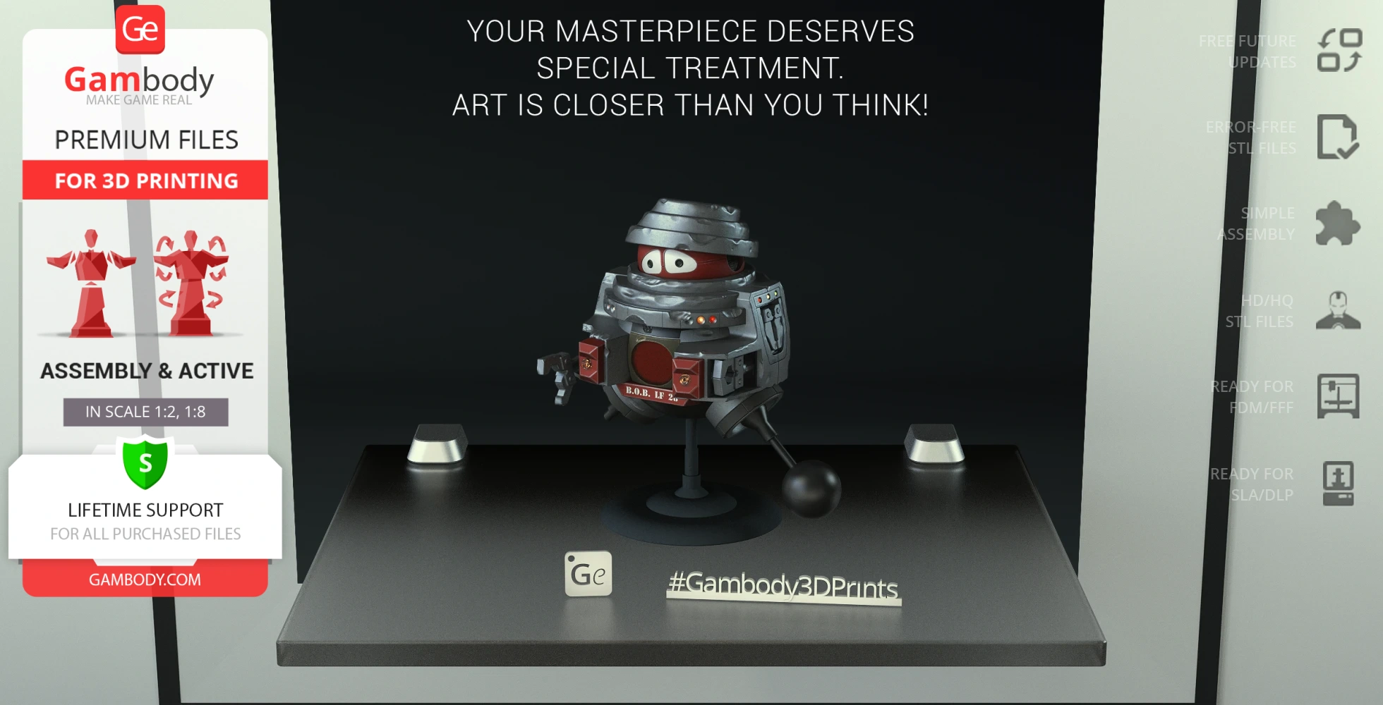 A 3D model of a retro sci-fi robot on display, featuring a round body and expressive eyes.