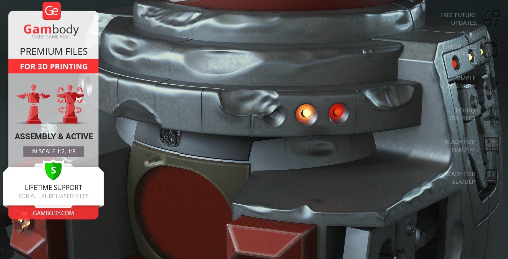 Close-up of a sci-fi robot design with metallic textures and glowing orange lights.