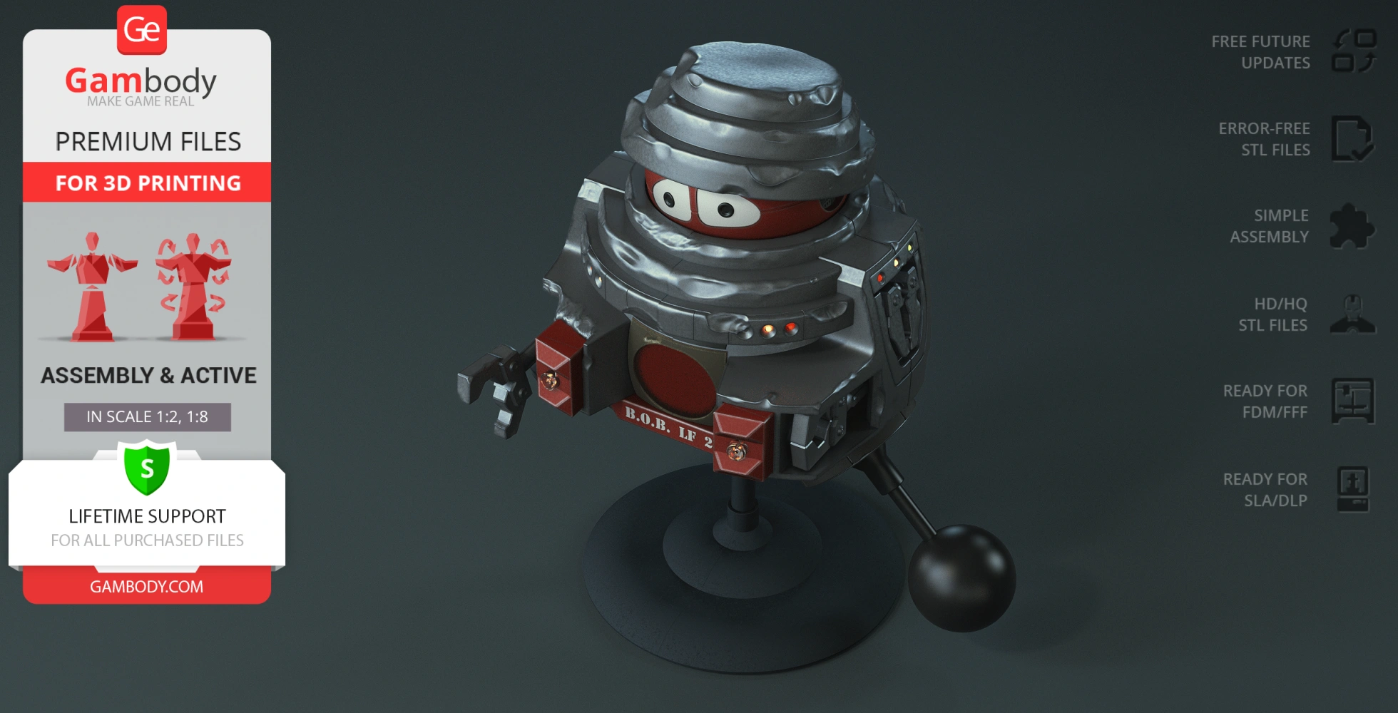 Robotic character with metallic armor, red accents, and comical eyes, displayed on a stand for 3D printing.