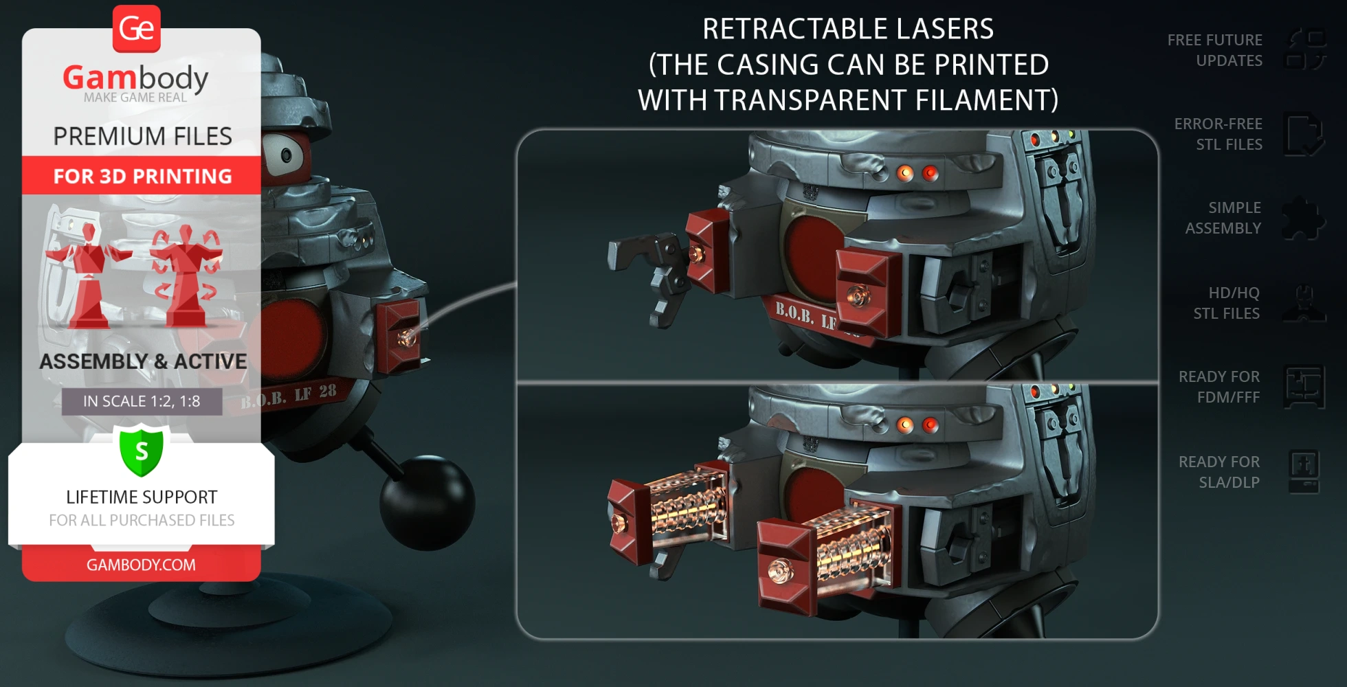 Retro robot model with retractable lasers, featuring metallic texture and display stand.
