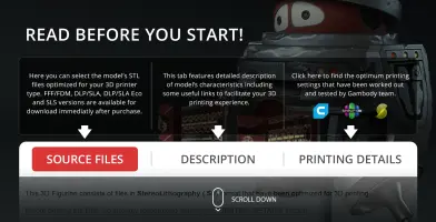 A 3D model preview screen showing a robot with large eyes, technical tabs, and printing instructions.
