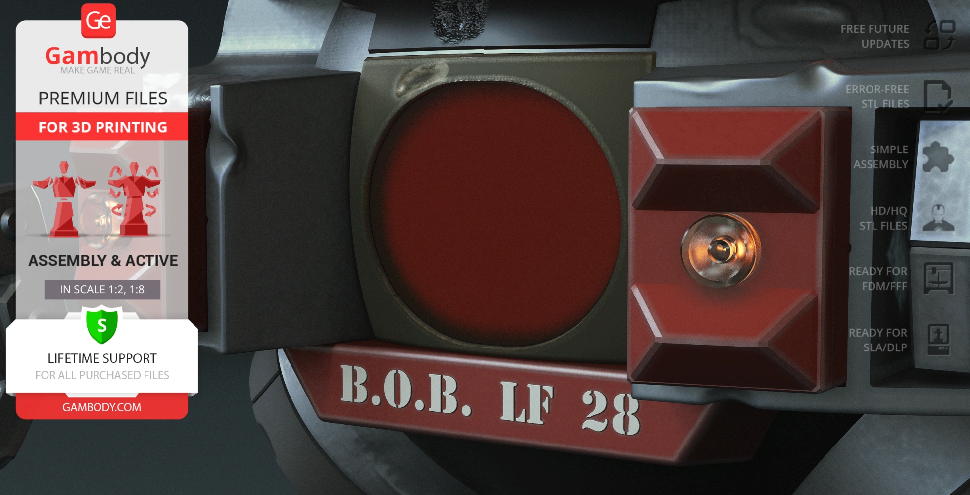 Close-up of sci-fi robot component with 'B.O.B. LF 28' label, featuring metallic and red details.