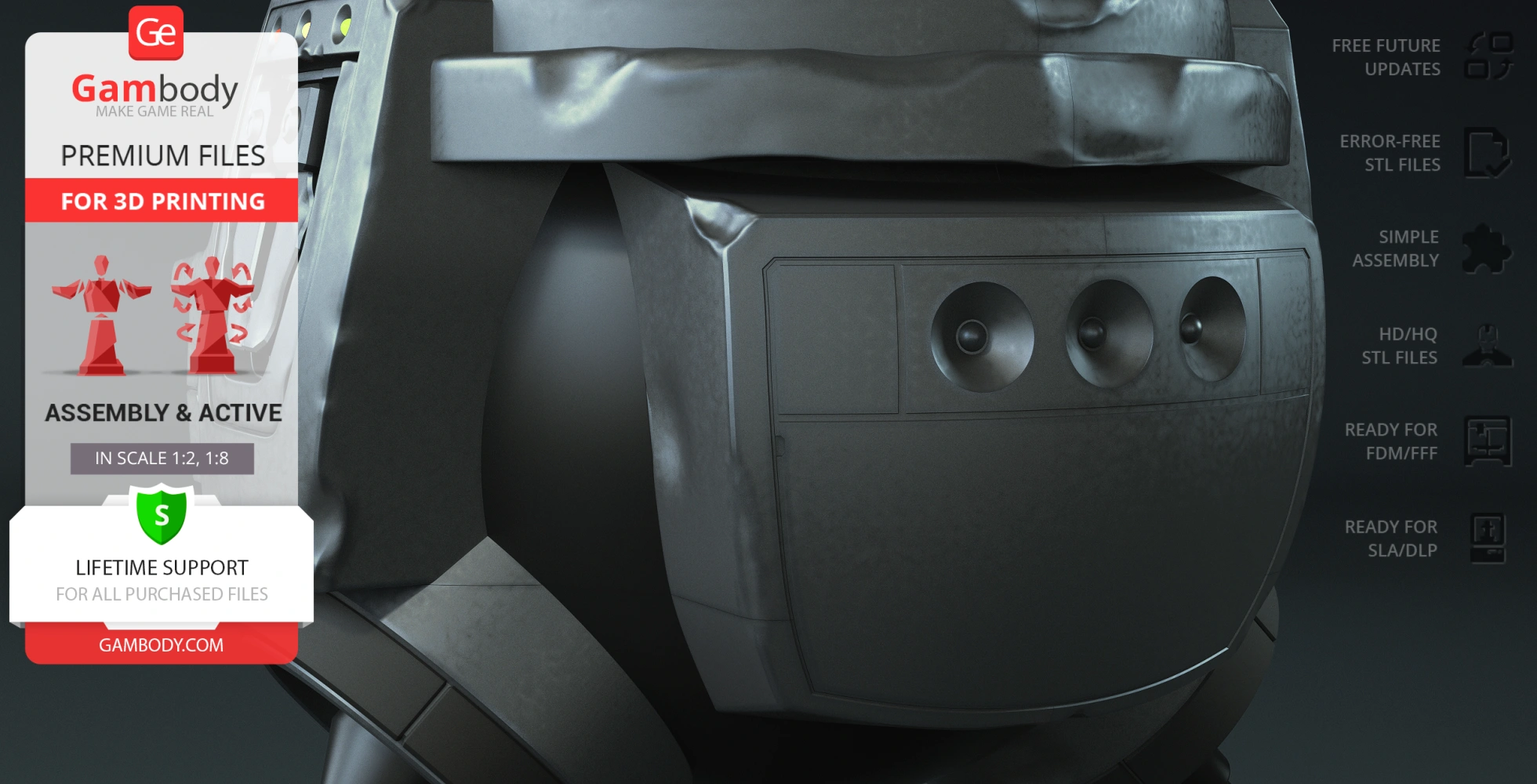 Close-up of a sci-fi robot model's torso with round details, designed for 3D printing.