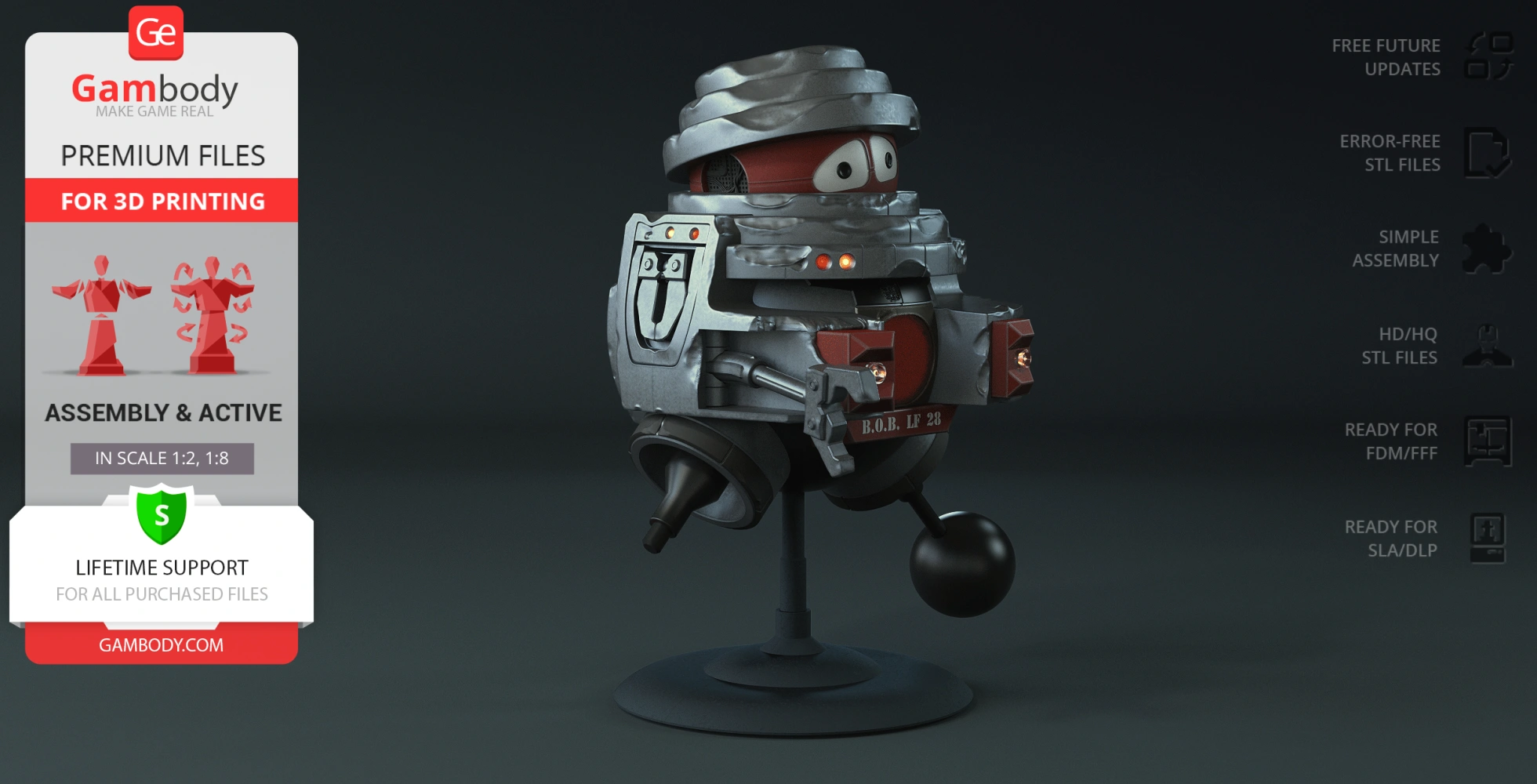 Retro sci-fi robot with a segmented metal body, displaying digital eyes, and mounted on a stand.
