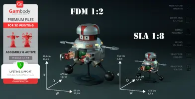 Two 3D models of a robot named V.I.N.CENT, with assembly and dimensions for 3D printing.