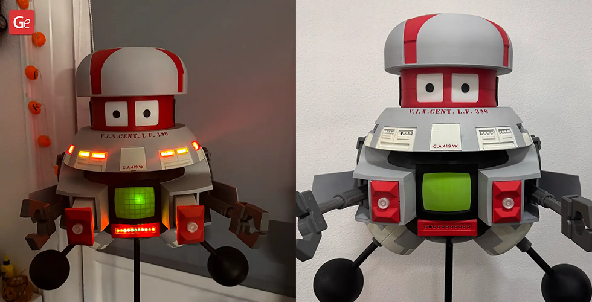 A 3D model of V.I.N.CENT robot featuring a round head, large eyes, and boxy arms with glowing lights.
