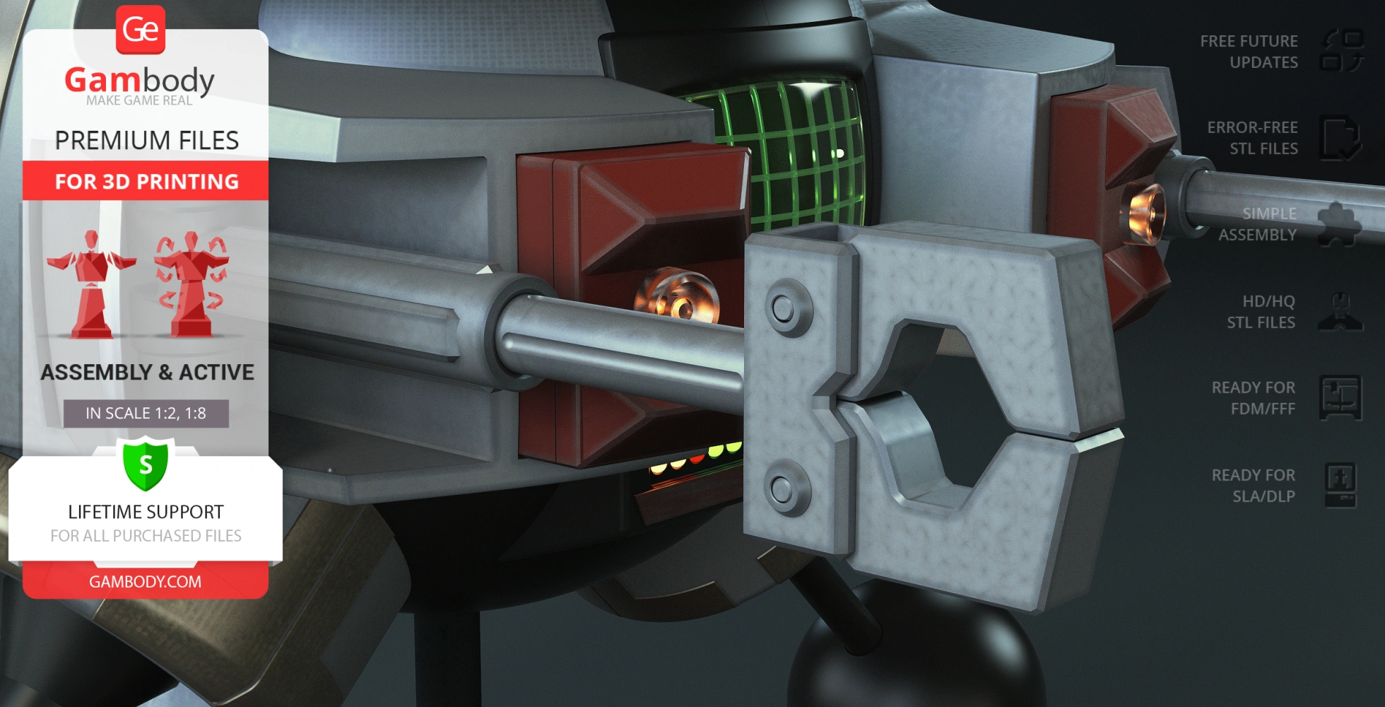 A detailed close-up of a robotic arm with gripping tools and red accents, ready for 3D printing.