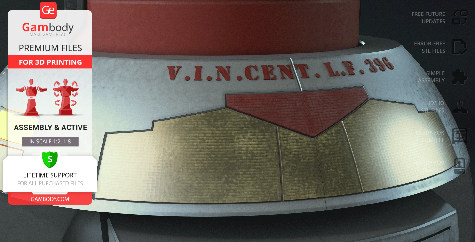 A close-up of V.I.N.CENT robot model, featuring detailed textures and assembly instructions.