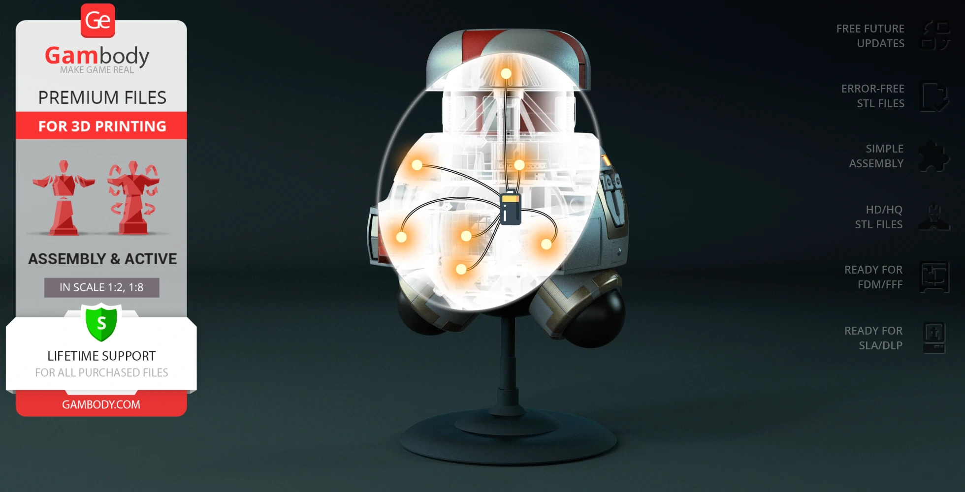 A futuristic robot model with a magnified view of its internal wiring, displayed on a stand.