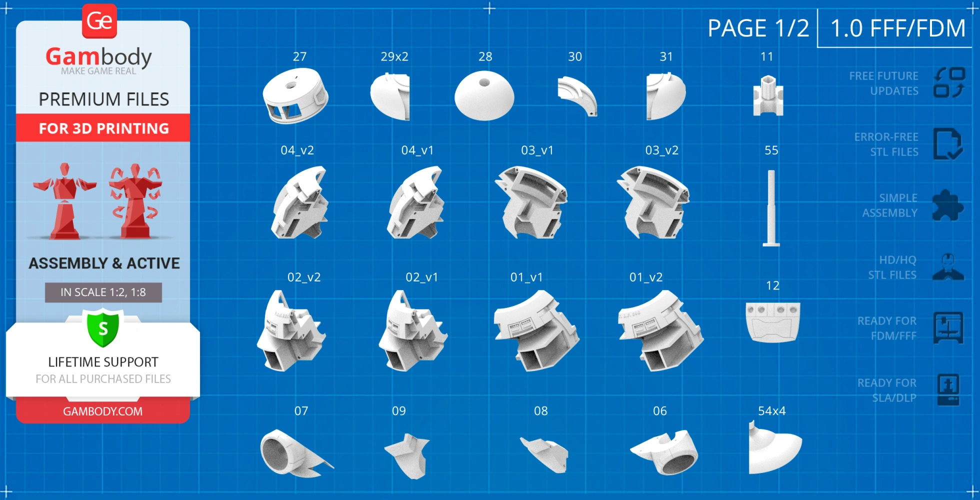 Blueprint displaying 3D printable parts for assembling a model robot, labeled and organized on a grid.