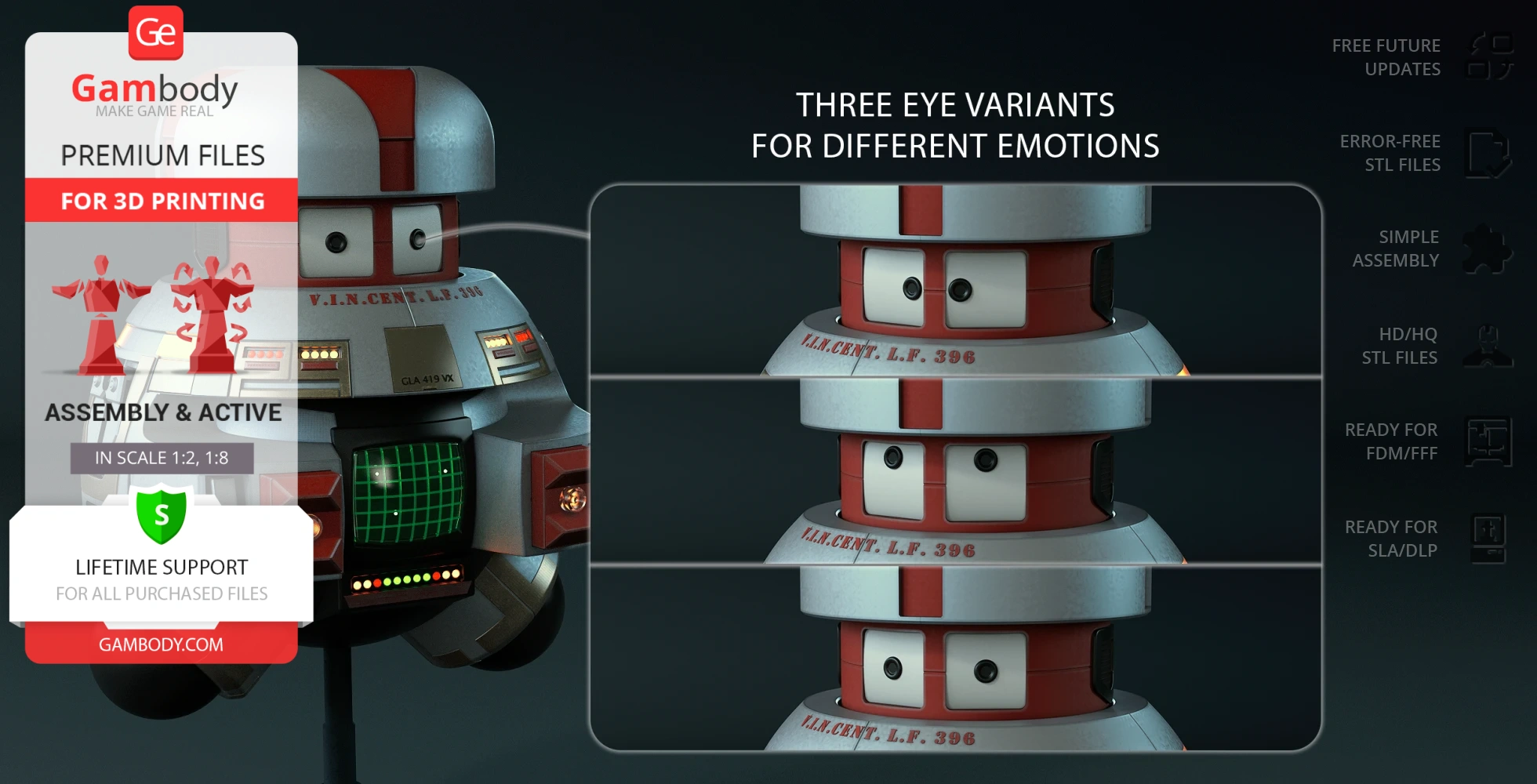 Silver and red robot head with varied eye expressions for 3D printing, featuring detailed textures.