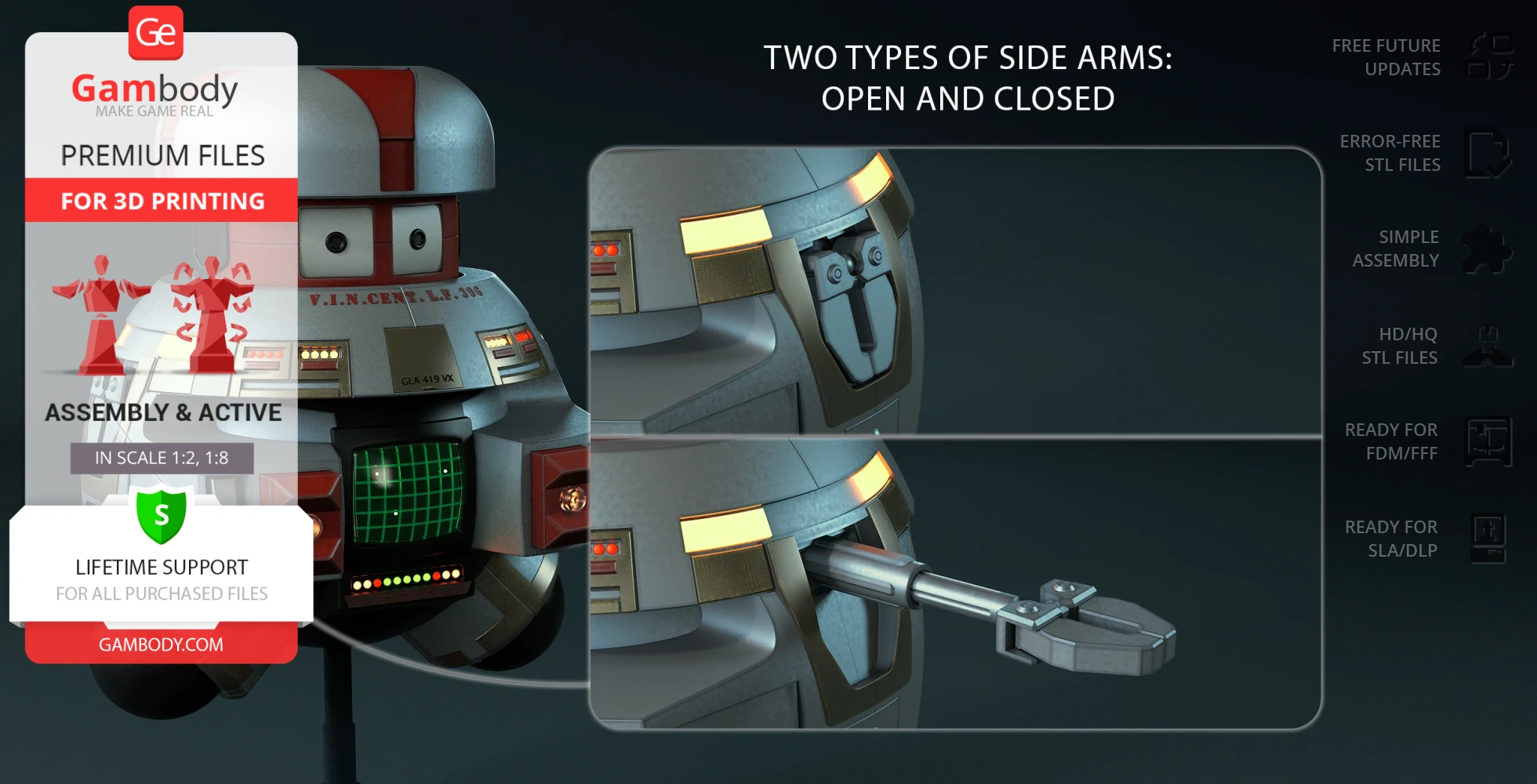 Robot model with open and closed side arms, detailed for 3D printing, shown in different views.