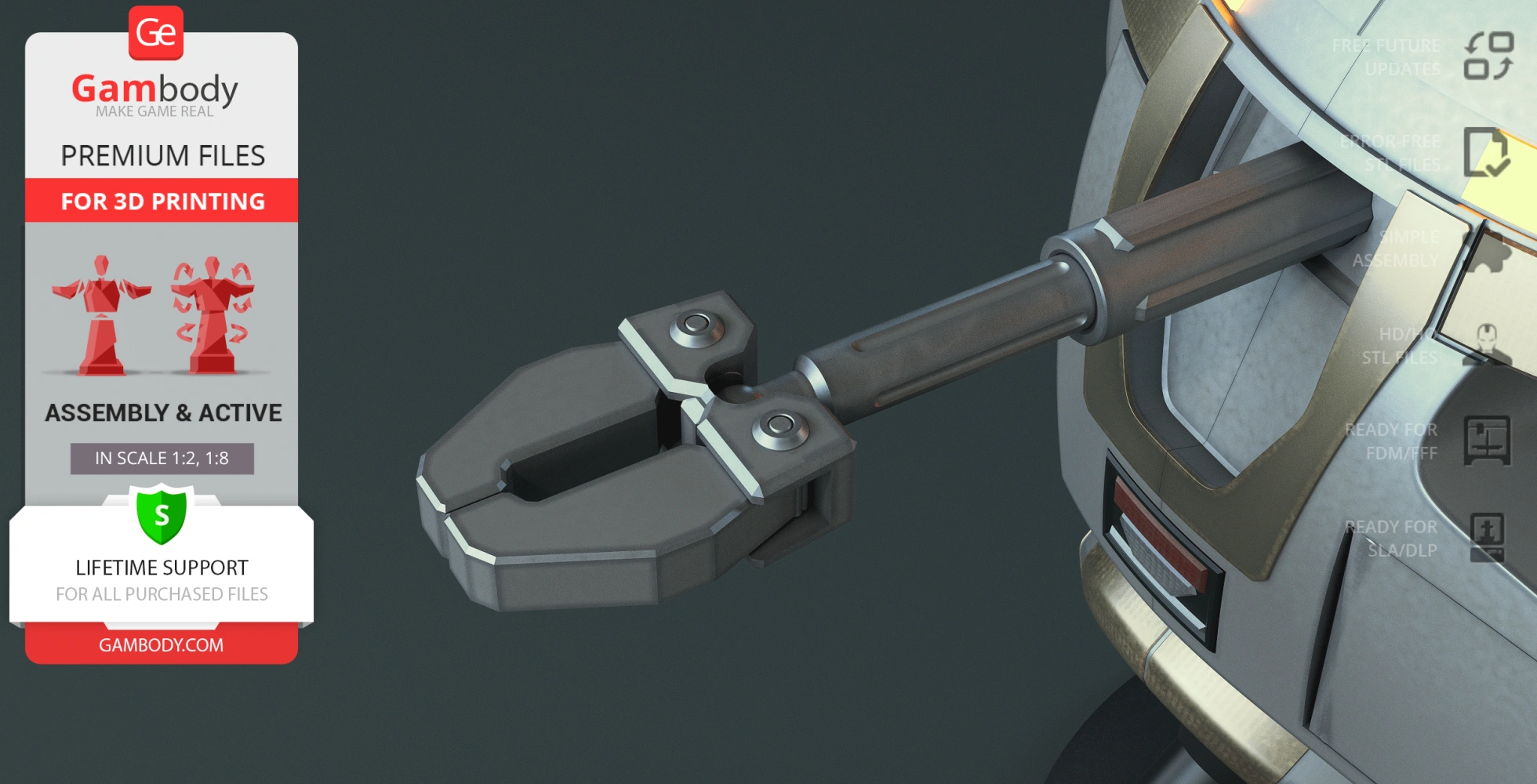 Robotic arm with claw-like gripper on a silver and gray machine, for 3D printing.