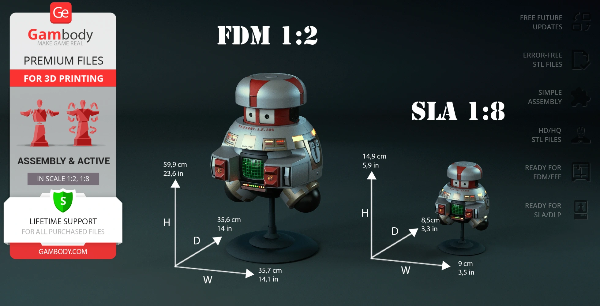 Retro robotic figure with red-white dome and front screen, available in 1:2 and 1:8 scales for 3D printing.