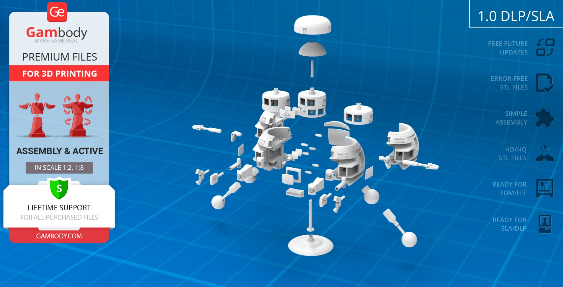 Exploded view of V.I.N.CENT robot 3D model parts, displayed on a blue grid background.