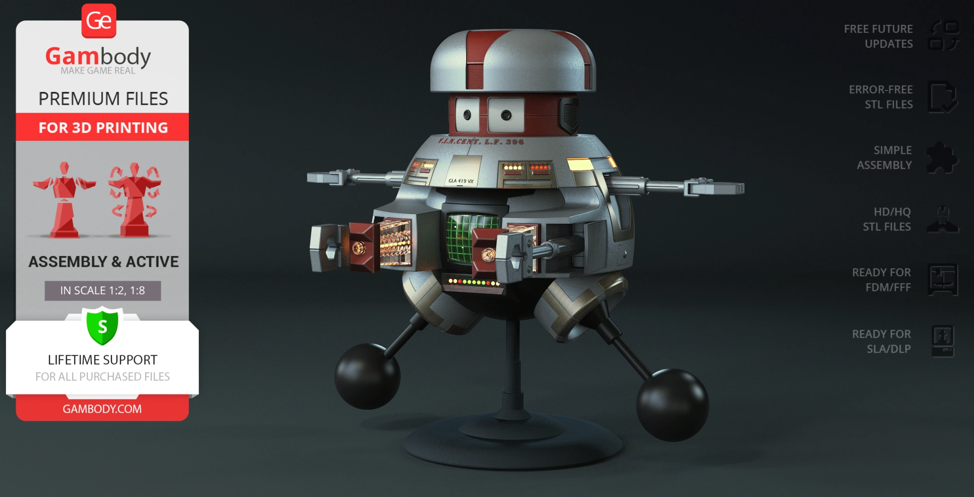 A spherical robot with a dome head, extending arms, and a sturdy base, designed for 3D printing.