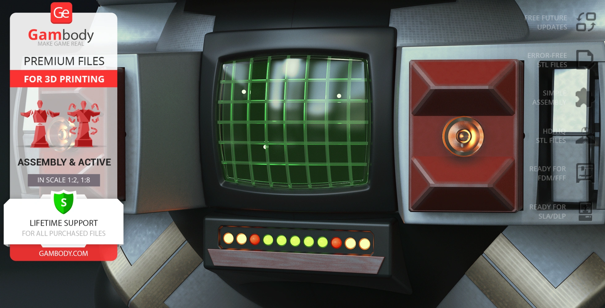 Futuristic control panel with a green grid screen and colorful indicator lights for 3D printing files.