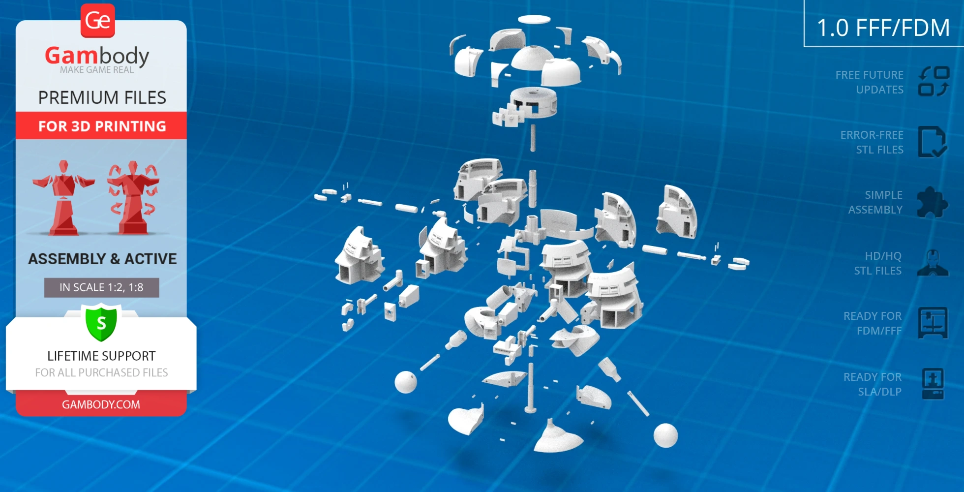 Exploded view of a 3D printable robot model's assembly pieces on a blue grid background.