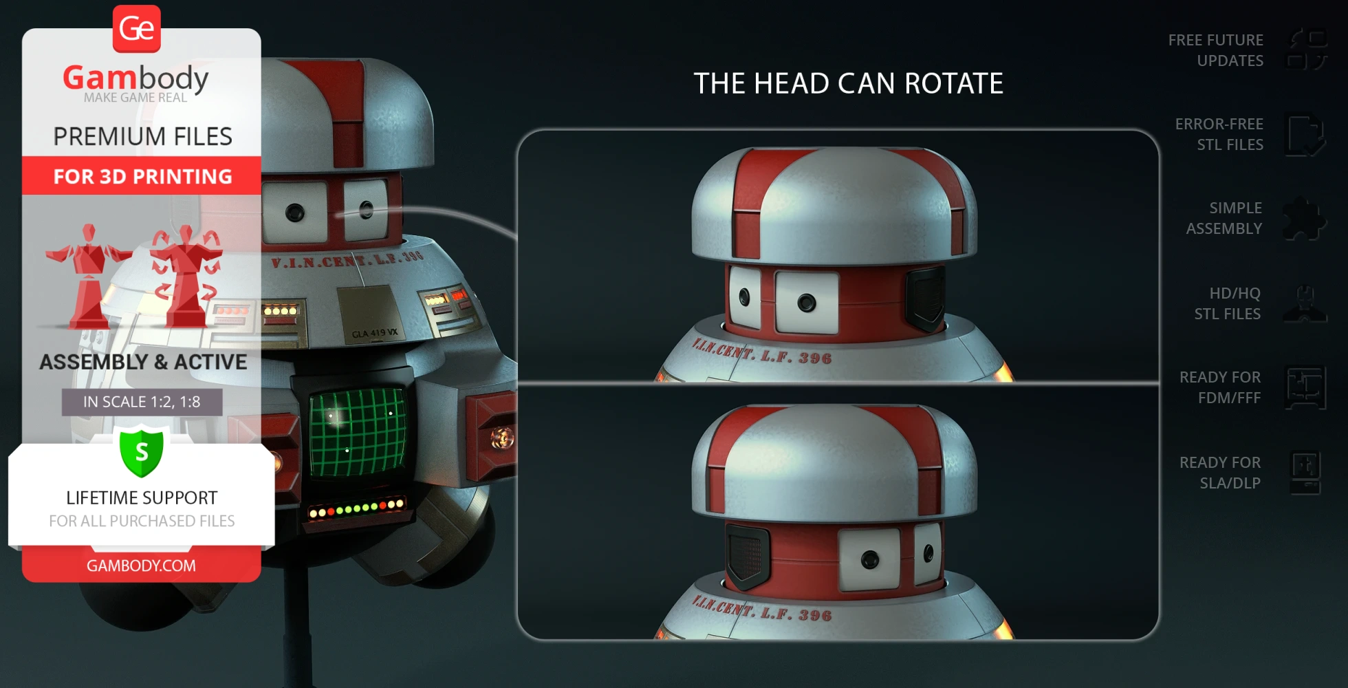 Retro-styled robot model with round head, red and gray design, showing head rotation feature for 3D printing.