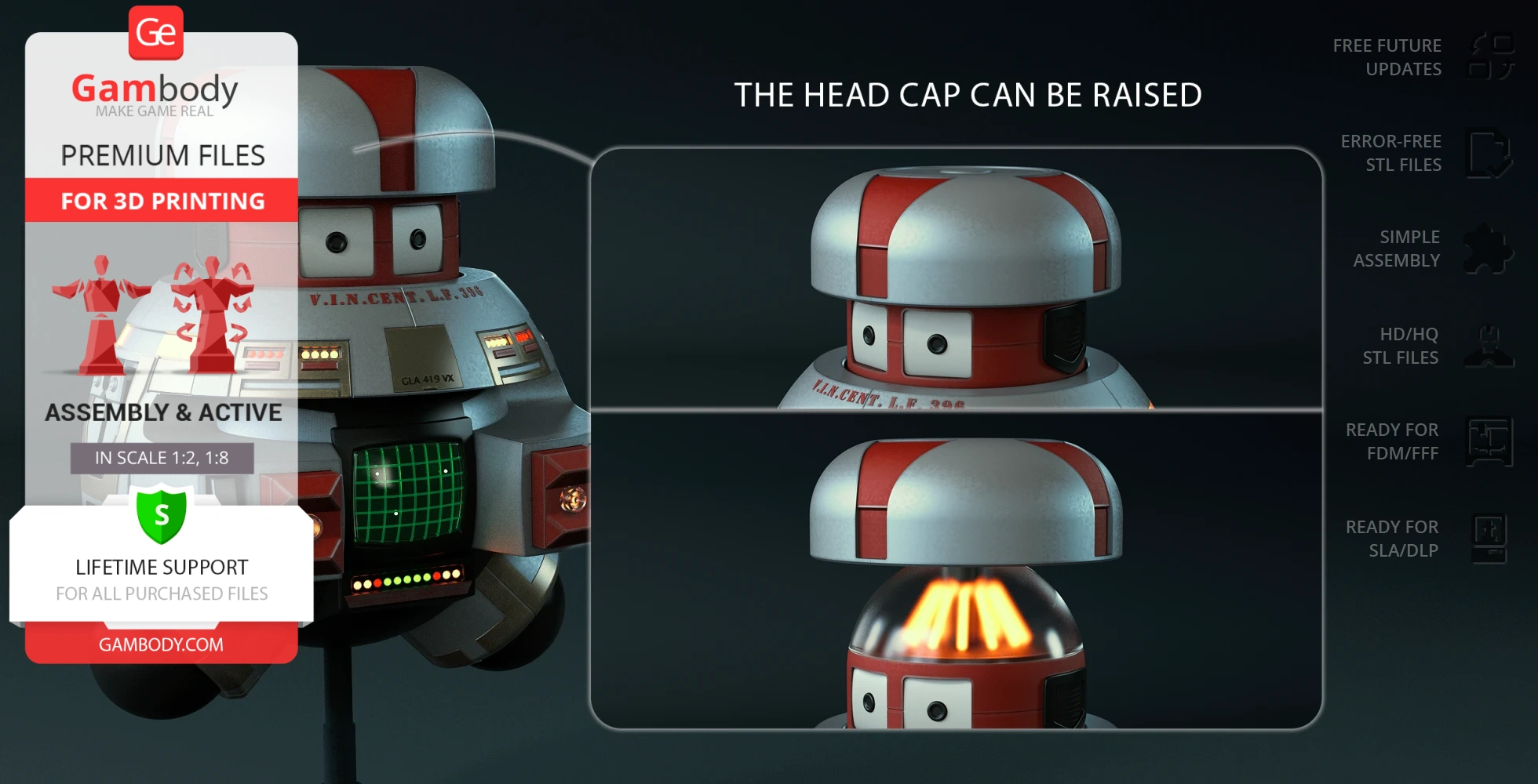 A 3D model of a retro robot with a lifting head cap exposing internal lights.