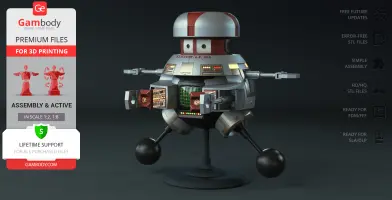 A spherical robot with a dome head, extending arms, and a sturdy base, designed for 3D printing.