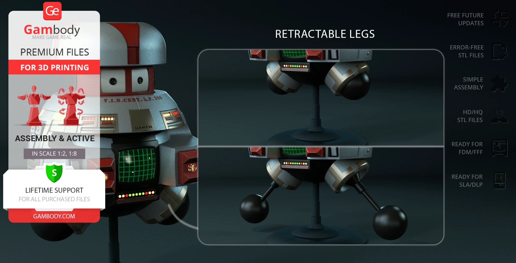 3D model of a small, square robot with a helmet-like head and retractable legs, designed for 3D printing.