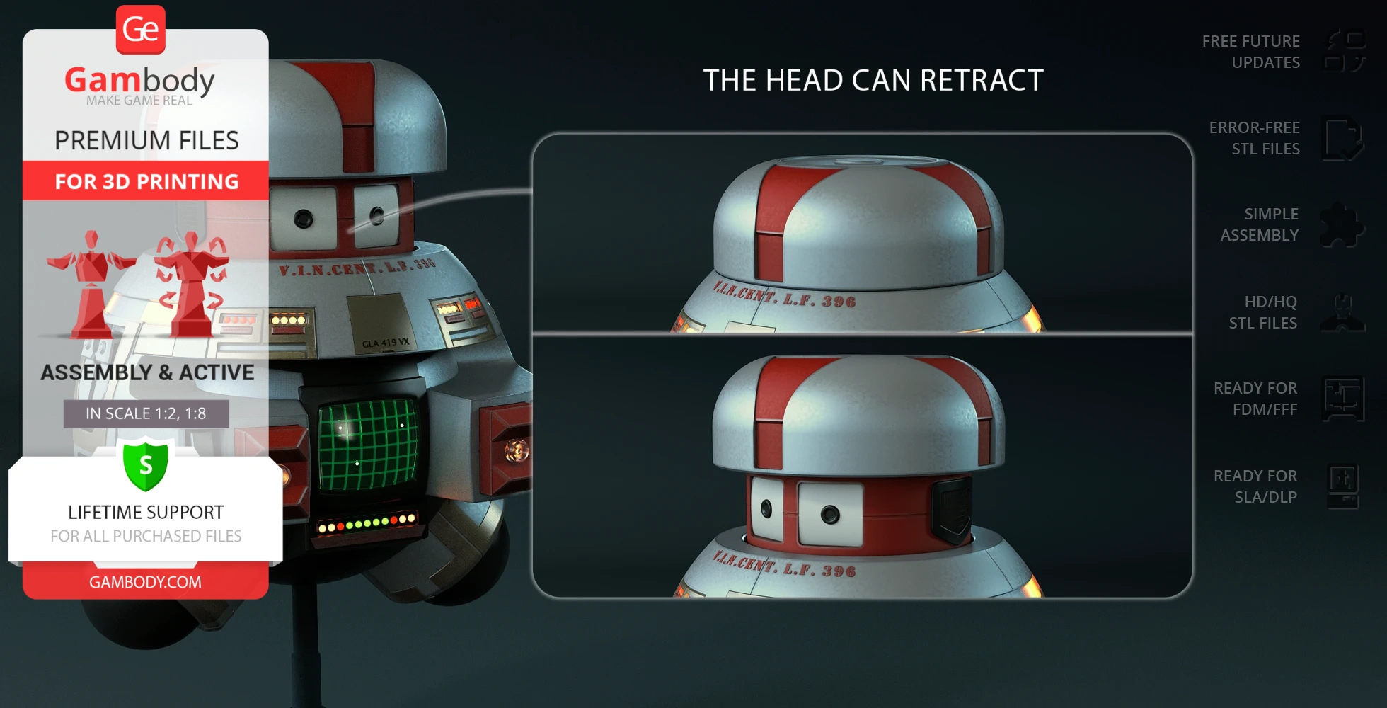 Futuristic robot model with retractable head, red and white design, and digital display on the chest.