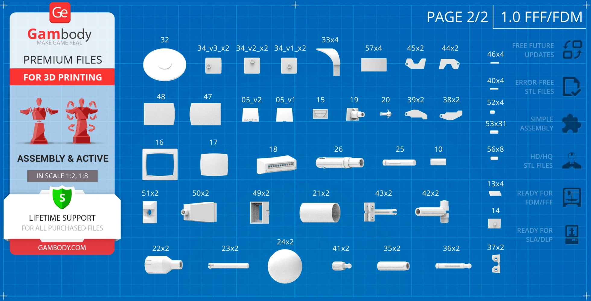 Blueprint with labeled parts for 3D printing V.I.N.CENT robot model.